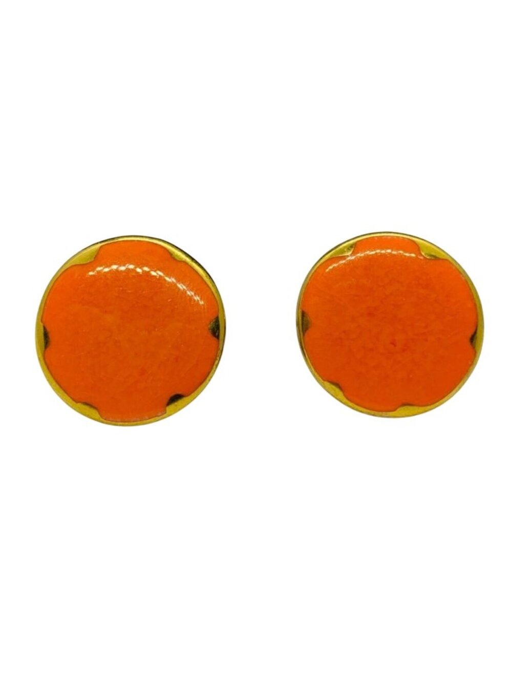 Vintage Orange Enamel Gold Tone Round Screw Back Earrings Mid Century Pair